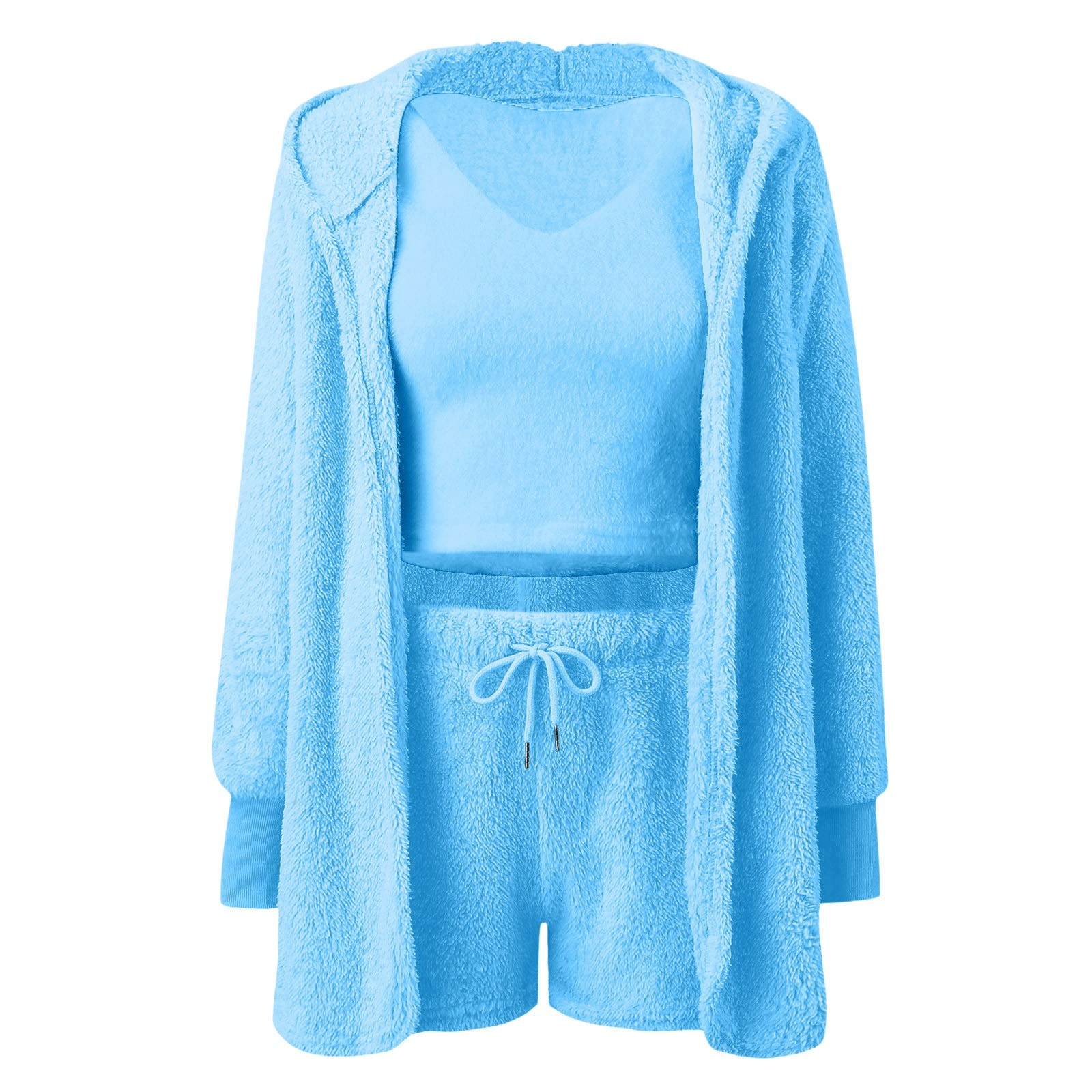 thumbnail image 4 of Conjunto de pijama de 3 piezas para mujer: abrigo con capucha de franela, chaleco y pantalones cortos, ropa de dormir suave y cálida, tallas S-XXXL, ropa de estar por casa para invierno, 4 of 4